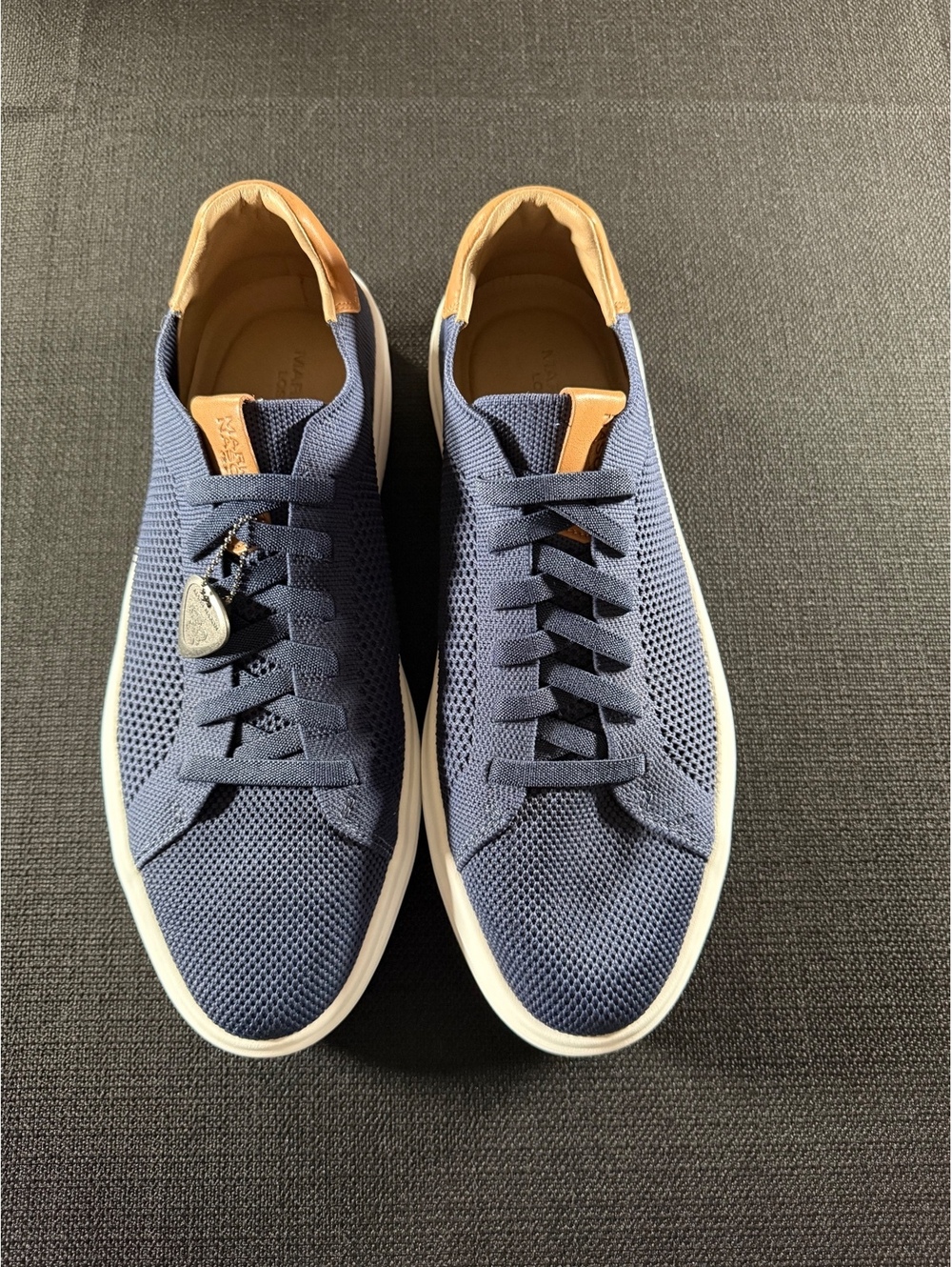 Mark Nason Navy Knit Sneakers with Tan Leather Accents